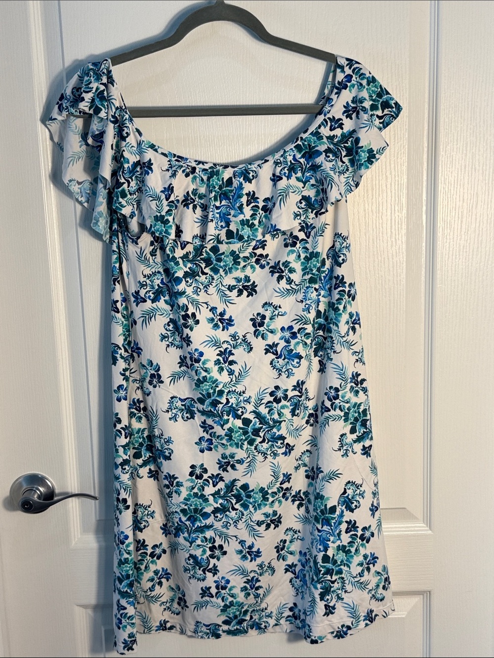 Tommy Bahama Off Shoulder Floral Dress in White, Blue & Teal Lgth 32” Size L